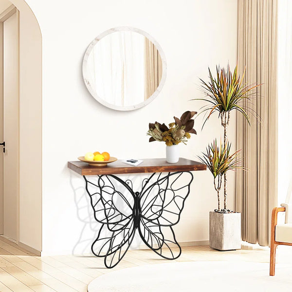 Solid Wood Console Table with Butterfly Iron Base  Wooden Bazar
