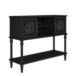 Hand-Carved Console Table with Solid Wood Legs & Open Shelf, Black  Wooden Bazar