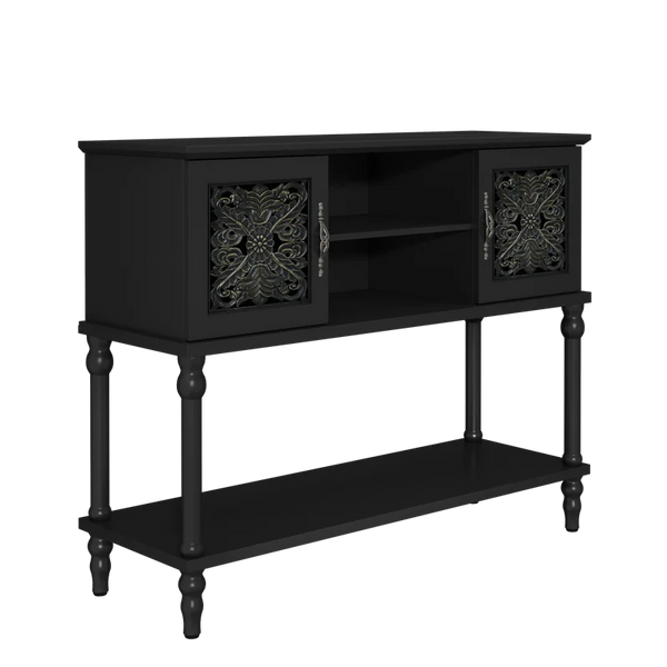 Hand-Carved Console Table with Solid Wood Legs & Open Shelf, Black  Wooden Bazar
