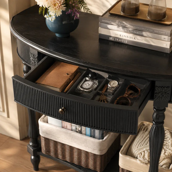 Half-Moon Console Table with Drawer & Bottom Shelf  Wooden Bazar