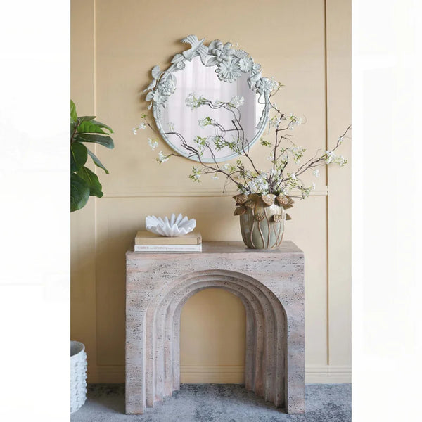 Modern Arched Sculptural Console Table – Beige Faux Travertine Finish  Wooden Bazar