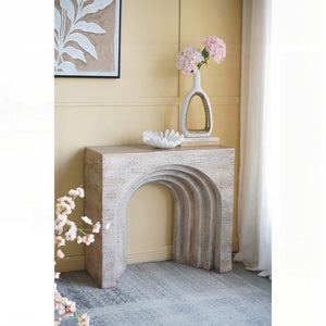 Modern Arched Sculptural Console Table – Beige Faux Travertine Finish  Wooden Bazar