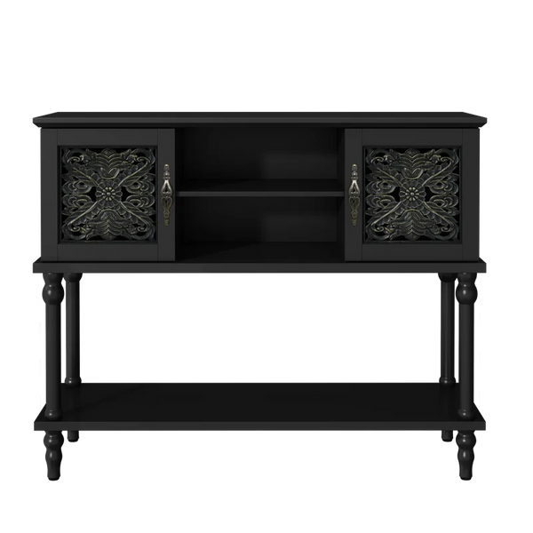 Hand-Carved Console Table with Solid Wood Legs & Open Shelf, Black  Wooden Bazar