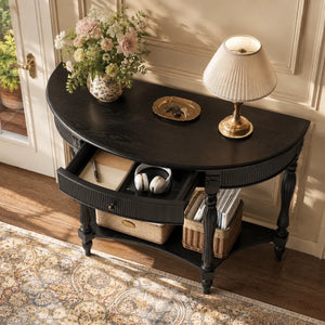 Half-Moon Console Table with Drawer & Bottom Shelf  Wooden Bazar