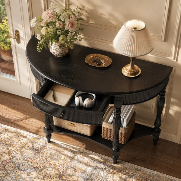 Half-Moon Console Table with Drawer & Bottom Shelf  Wooden Bazar