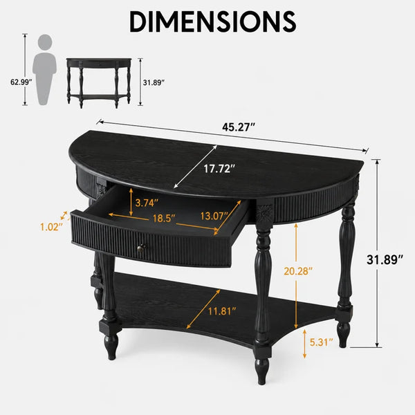Half-Moon Console Table with Drawer & Bottom Shelf  Wooden Bazar