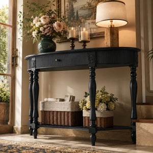 Half-Moon Console Table with Drawer & Bottom Shelf  Wooden Bazar