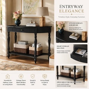 Half-Moon Console Table with Drawer & Bottom Shelf  Wooden Bazar