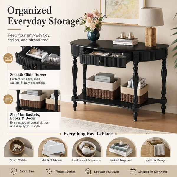 Half-Moon Console Table with Drawer & Bottom Shelf  Wooden Bazar