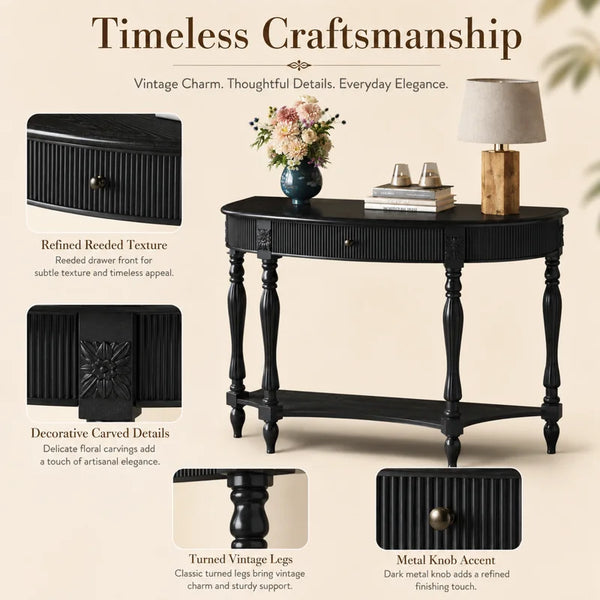 Half-Moon Console Table with Drawer & Bottom Shelf  Wooden Bazar