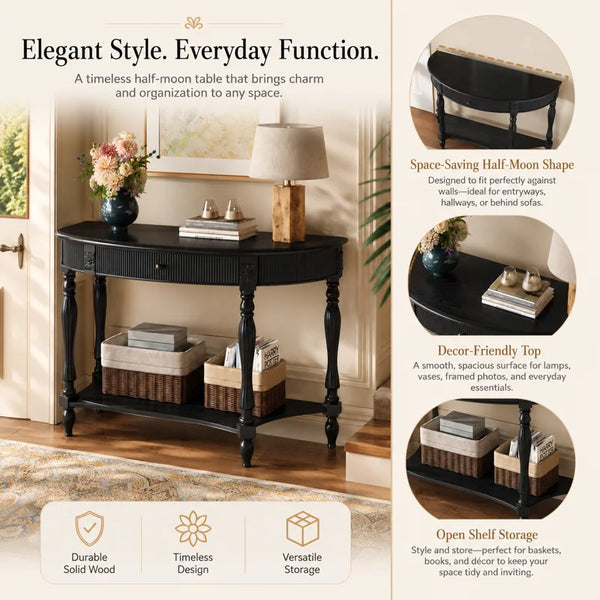 Half-Moon Console Table with Drawer & Bottom Shelf  Wooden Bazar