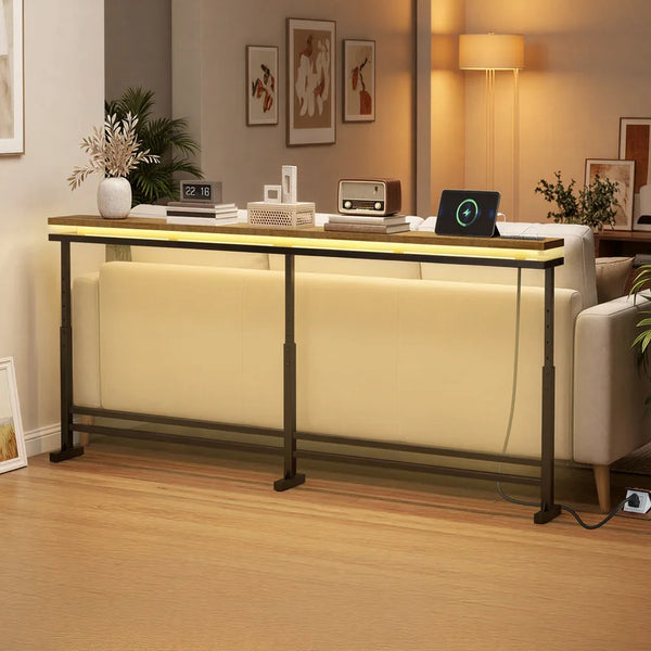 Height-Adjustable Console Table with LED Light & Charging Station  Wooden Bazar
