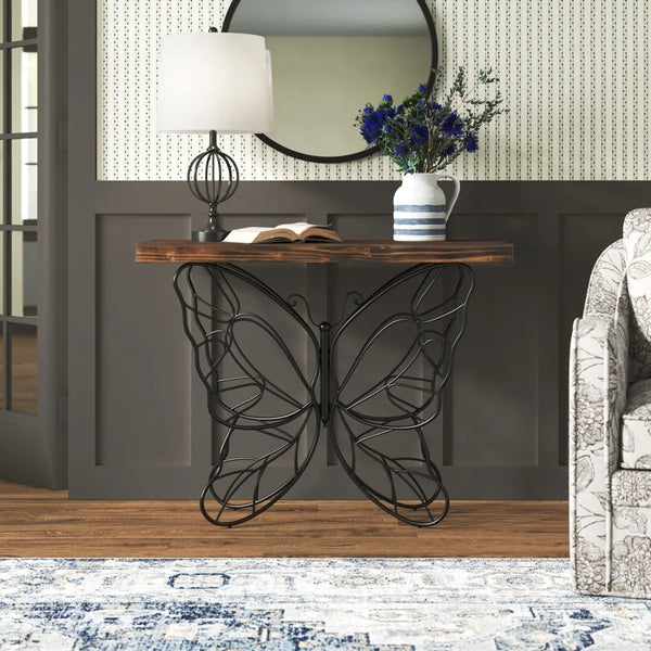 Solid Wood Console Table with Butterfly Iron Base  Wooden Bazar