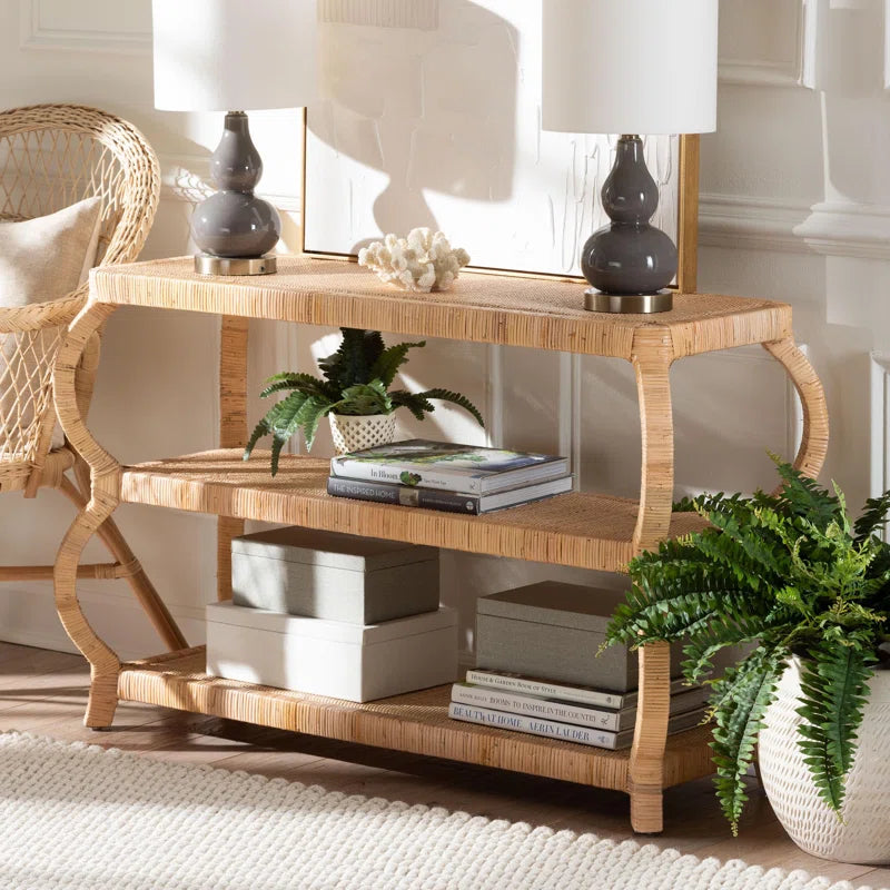 Cecely Bohemian Natural Rattan 3-Tier Console Table  Wooden Bazar