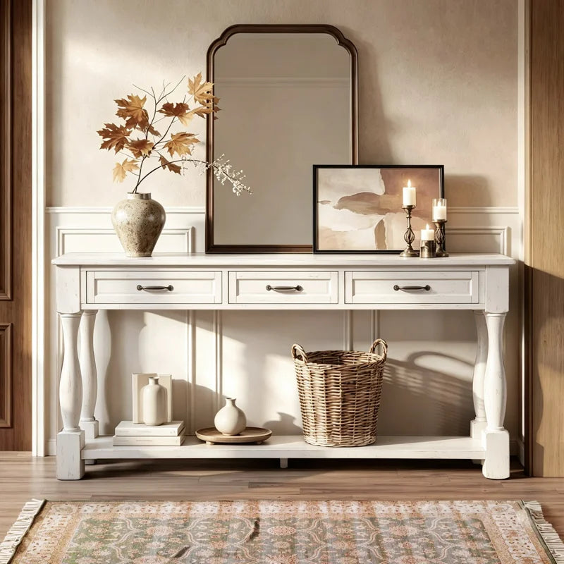 Long Wood Console Table with 3 Drawers & Bottom Shelf  Wooden Bazar