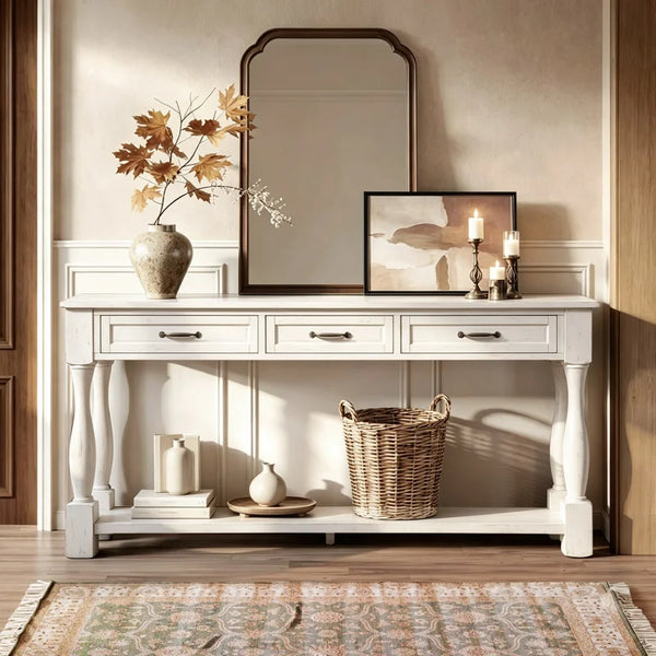 Long Wood Console Table with 3 Drawers & Bottom Shelf  Wooden Bazar