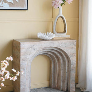 Modern Arched Sculptural Console Table – Beige Faux Travertine Finish  Wooden Bazar