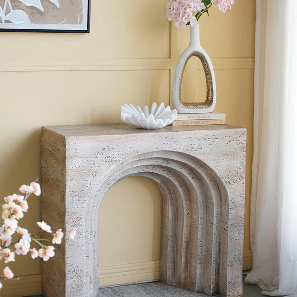 Modern Arched Sculptural Console Table – Beige Faux Travertine Finish  Wooden Bazar