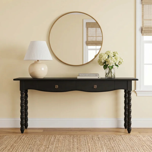 Isabel Spindle Solid Wood 2-Drawer Console Table with Brass Knobs  Wooden Bazar