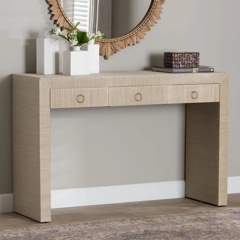 Bali & Pari Cielo Bohemian Woven Grasscloth 3-Drawer Console Table  Wooden Bazar