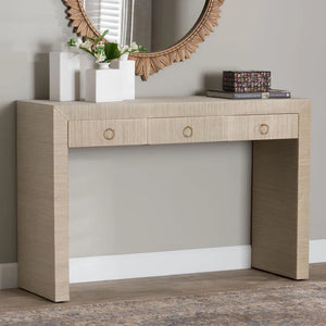 Bali & Pari Cielo Bohemian Woven Grasscloth 3-Drawer Console Table  Wooden Bazar