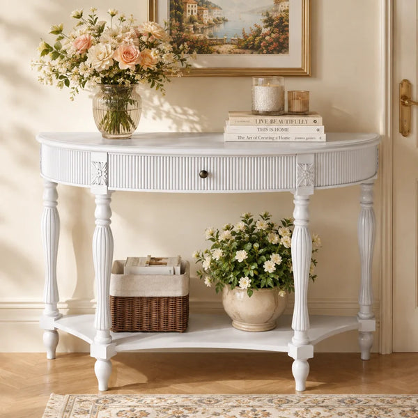 Half-Moon Console Table with Drawer & Bottom Shelf  Wooden Bazar