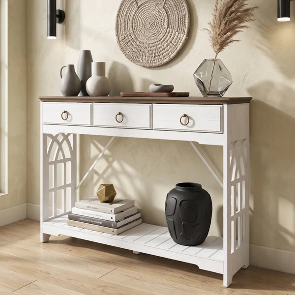 3-Drawer Farmhouse Console Table for Entryway  Wooden Bazar