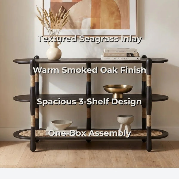 Arnkell Oval Wood Sofa Console Table with Seagrass Shelves  Wooden Bazar