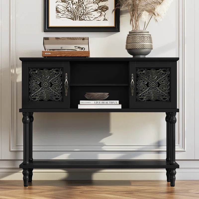 Hand-Carved Console Table with Solid Wood Legs & Open Shelf, Black  Wooden Bazar