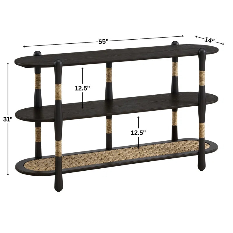 Arnkell Oval Wood Sofa Console Table with Seagrass Shelves  Wooden Bazar