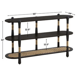 Arnkell Oval Wood Sofa Console Table with Seagrass Shelves  Wooden Bazar
