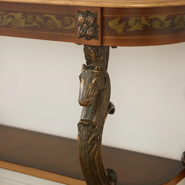 Console Table with Ornate Horse Motif Legs  Wooden Bazar