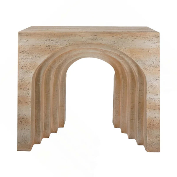 Modern Arched Sculptural Console Table – Beige Faux Travertine Finish  Wooden Bazar