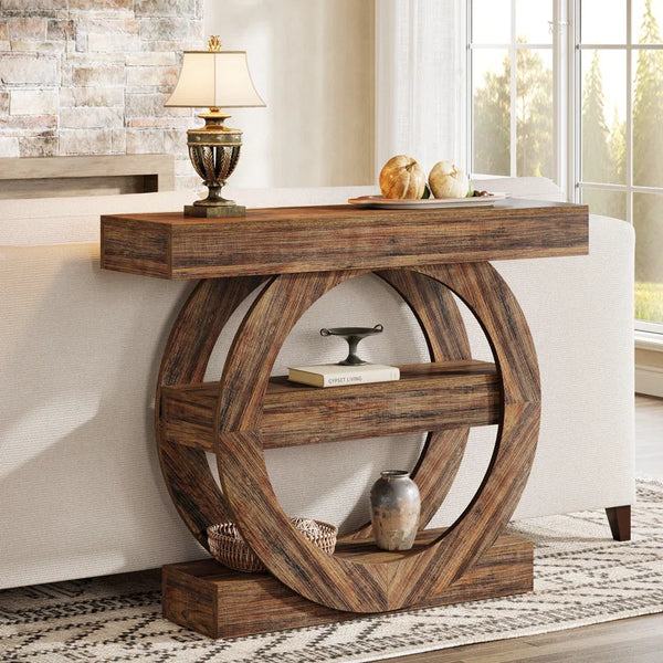 Farmhouse 3-Tier Console Table with Storage Shelves  Wooden Bazar