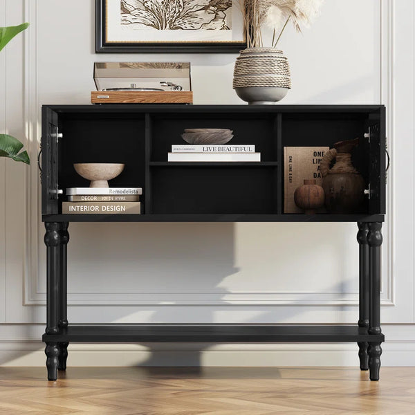 Hand-Carved Console Table with Solid Wood Legs & Open Shelf, Black  Wooden Bazar