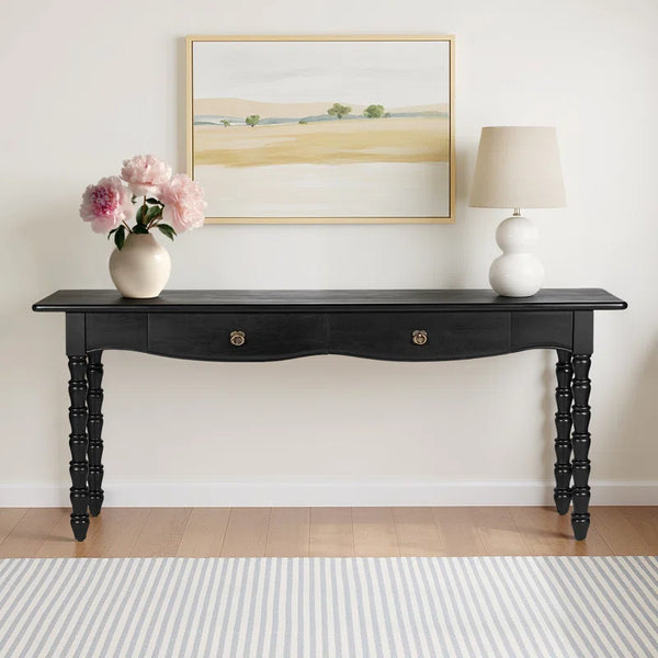 Isabel Spindle Solid Wood 2-Drawer Console Table with Brass Knobs  Wooden Bazar