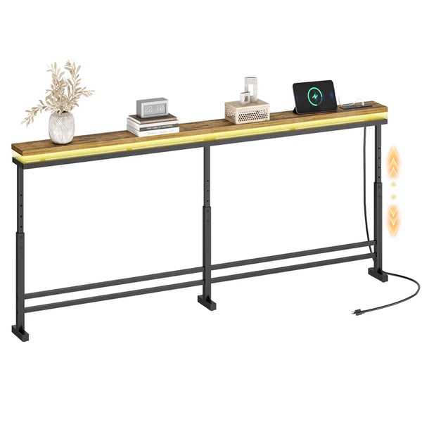 Height-Adjustable Console Table with LED Light & Charging Station  Wooden Bazar