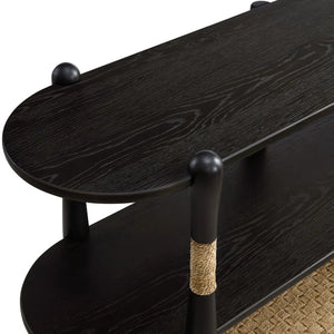 Arnkell Oval Wood Sofa Console Table with Seagrass Shelves  Wooden Bazar