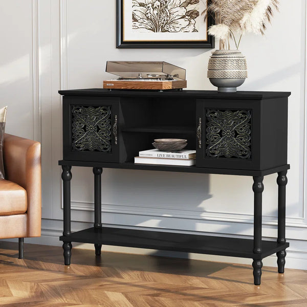 Hand-Carved Console Table with Solid Wood Legs & Open Shelf, Black  Wooden Bazar