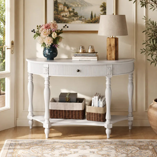 Half-Moon Console Table with Drawer & Bottom Shelf  Wooden Bazar