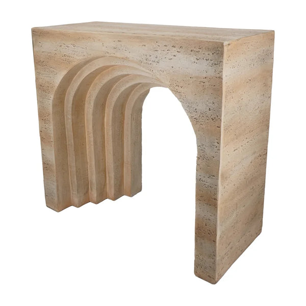 Modern Arched Sculptural Console Table – Beige Faux Travertine Finish  Wooden Bazar