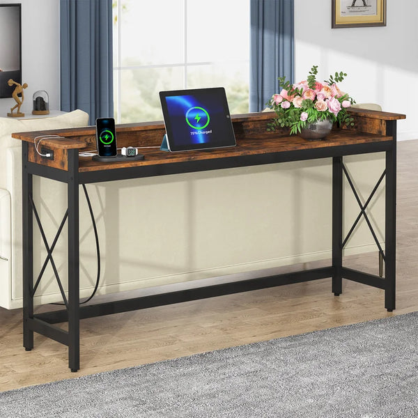 Modern Console Table with Built-In Charging Ports  Wooden Bazar