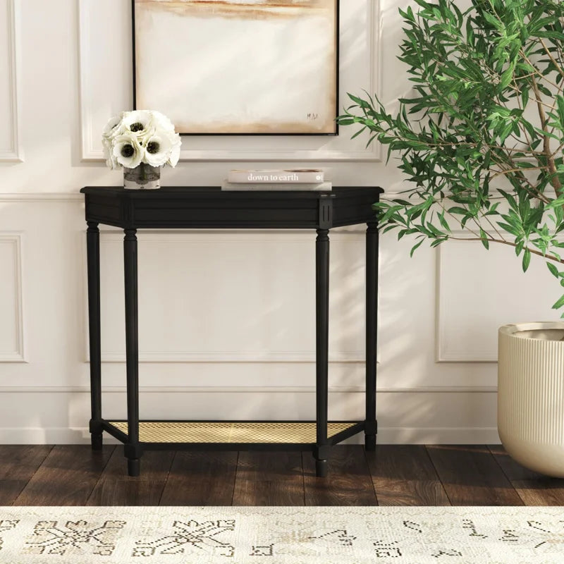 Carterlee Demilune Console Table with Cane Shelf  Wooden Bazar