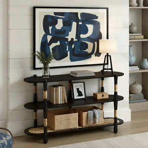 Arnkell Oval Wood Sofa Console Table with Seagrass Shelves  Wooden Bazar
