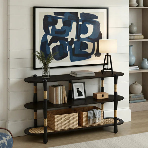 Arnkell Oval Wood Sofa Console Table with Seagrass Shelves  Wooden Bazar