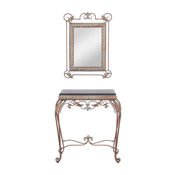 Lulu 2-Piece Bronze Metal Leaf Console Table with Mirror – 32"H  Wooden Bazar