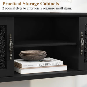 Hand-Carved Console Table with Solid Wood Legs & Open Shelf, Black  Wooden Bazar