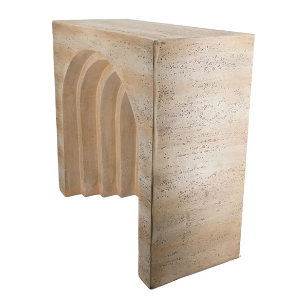 Modern Arched Sculptural Console Table – Beige Faux Travertine Finish  Wooden Bazar