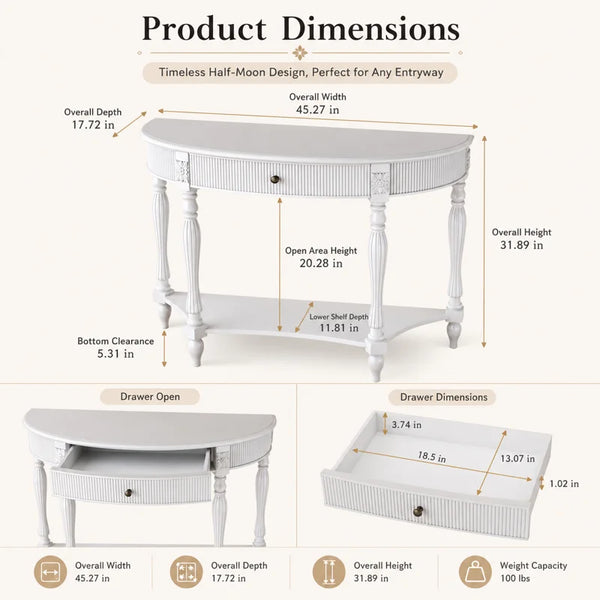 Half-Moon Console Table with Drawer & Bottom Shelf  Wooden Bazar