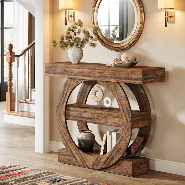 Farmhouse 3-Tier Console Table with Storage Shelves  Wooden Bazar